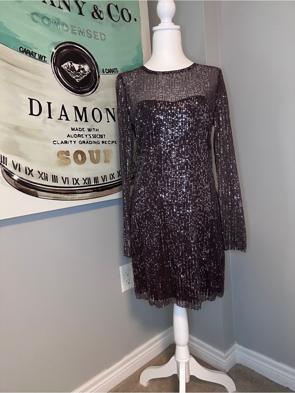 BNWT Walter Baker Plum Sequin Long Sleeve Shift Dress